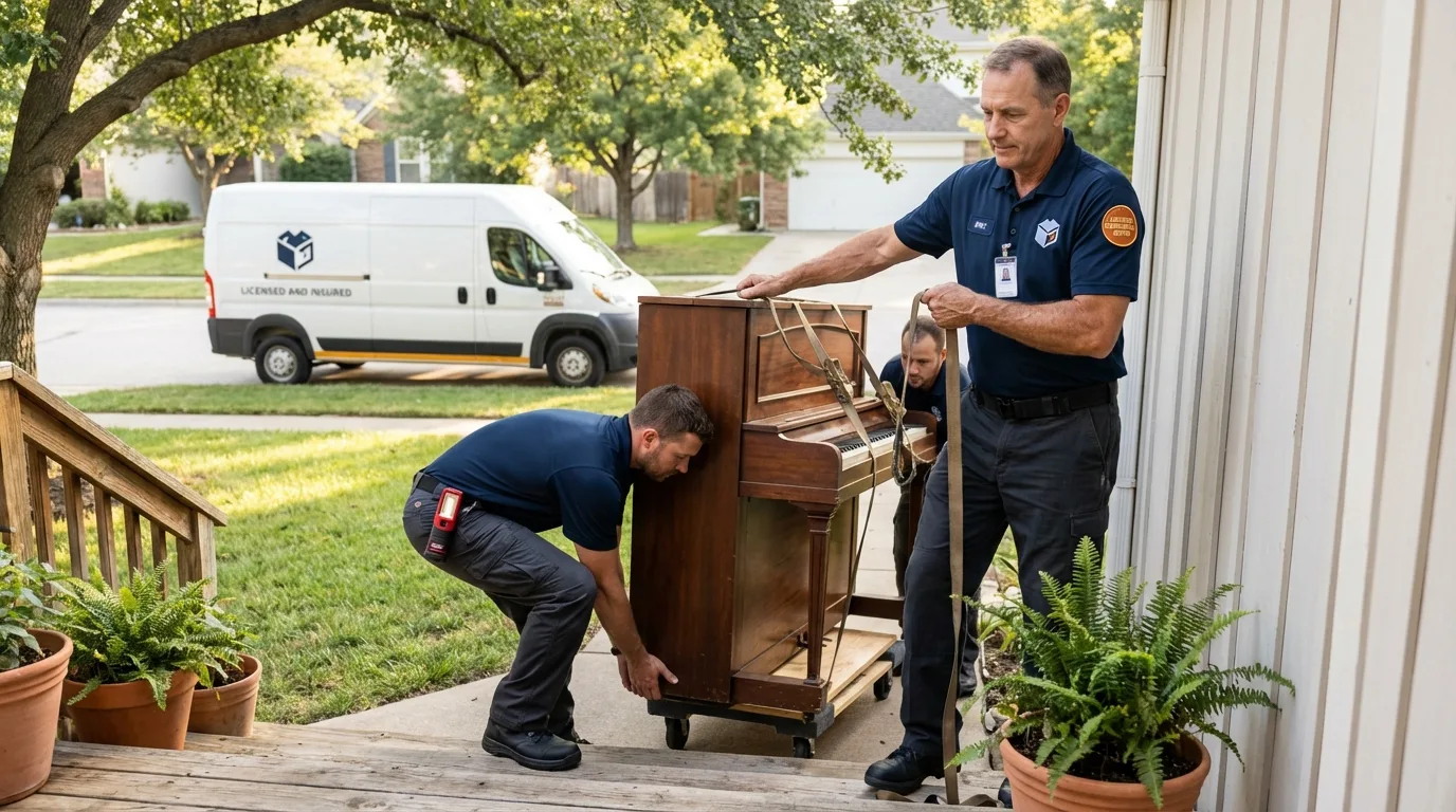 Licensed piano movers securing grand piano in Albany, TX