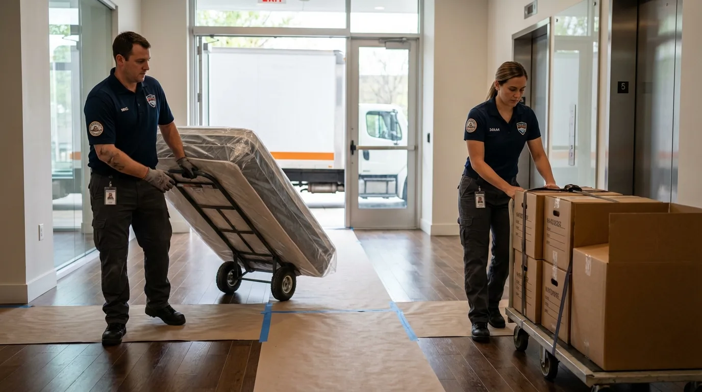 Professional apartment movers loading elevator in Albany, TX